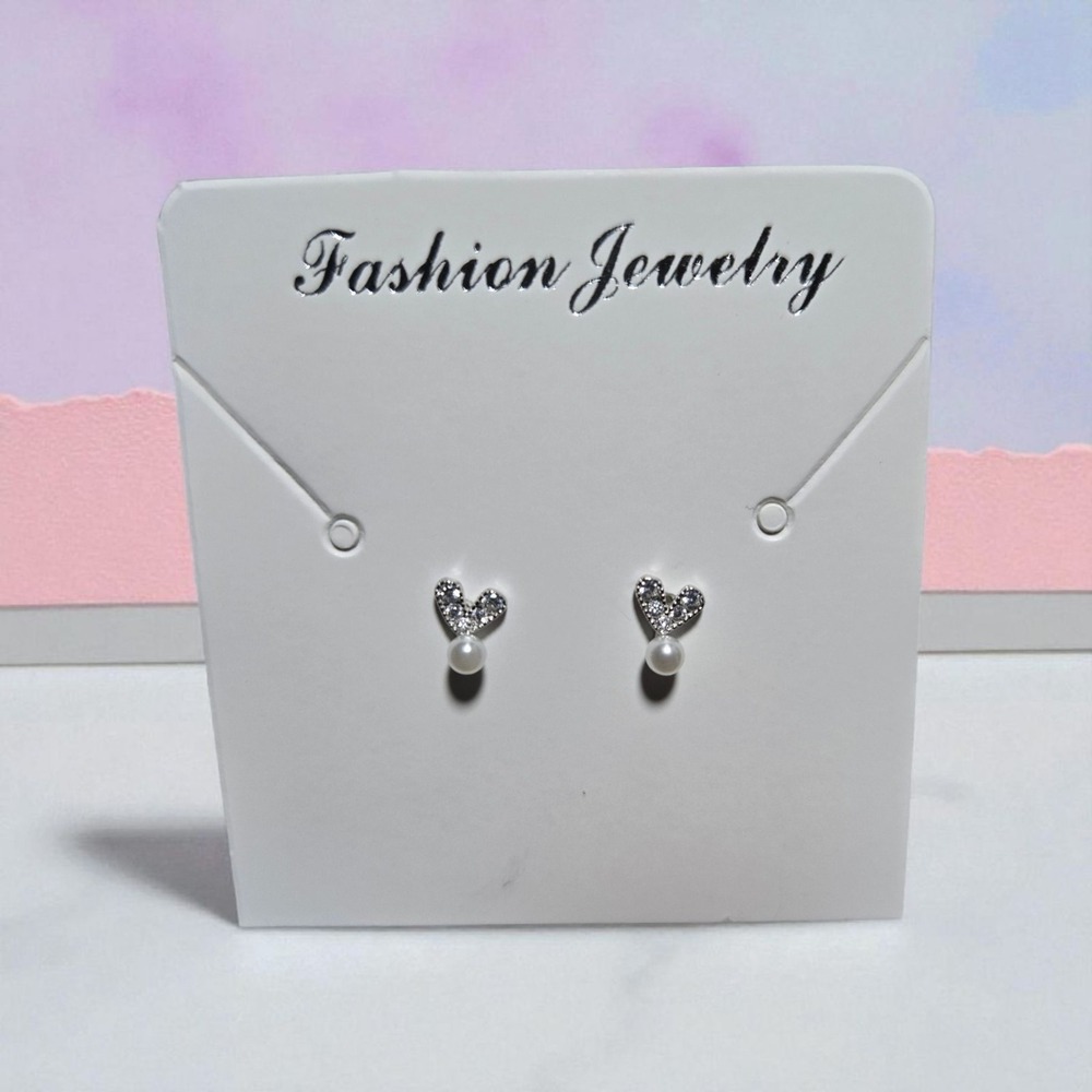 Silver Rhinestone Heart‎ Stud Earrings with Peral Drop Cute Fashion Jewerly